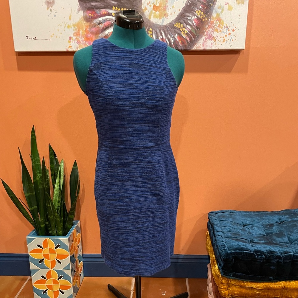 LOFT Blue sheath dress with exposed zipper- Tweedy